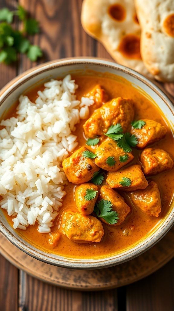 A bowl of curry chicken with cilantro, rice, and naan on a rustic table.